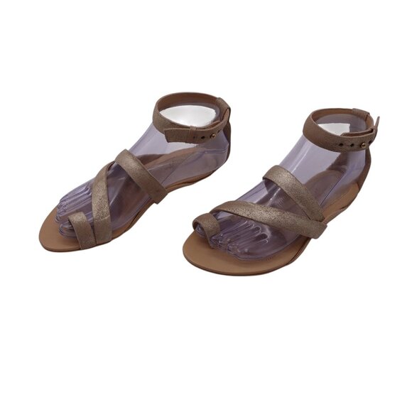 NIB MAX Azria Freja Flat Sandals Sz 36.5 Gold Metallic Strappy Ankle Strap - Picture 5 of 12